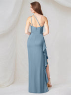 Stahlblaues Satin Ein-Schulter Ärmelloses asymmetrisches Kleid mit hohem Schlitz
