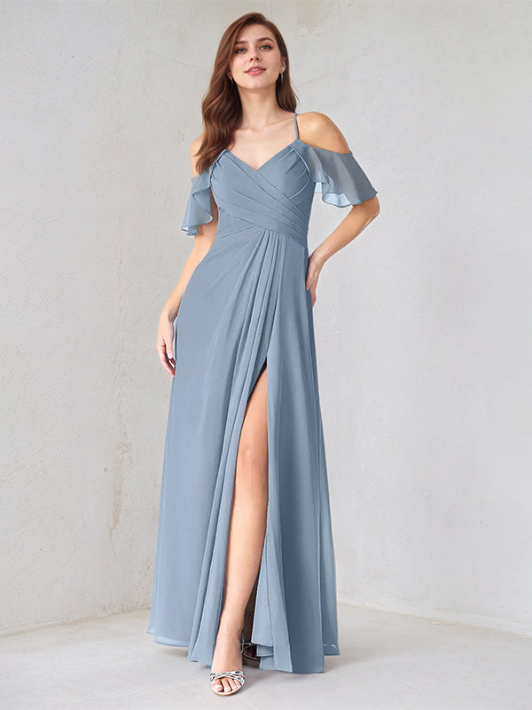 A Line Dusty Blue Chiffon Spaghetti Straps Short Sleeves Floor Length Dress With High Slit