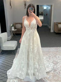 V-Neck Spaghetti Strap Floral Lace A-Line Wedding Dress