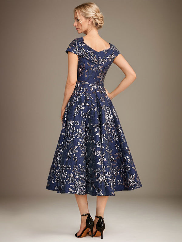 Robe mère de la mariée ligne A à col en V longueur thé en jacquard floral