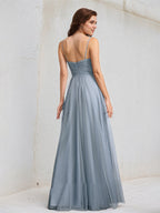 Dusty Blue A-Line V-Neck Floor-Length Lace Tulle Bridesmaid Dress