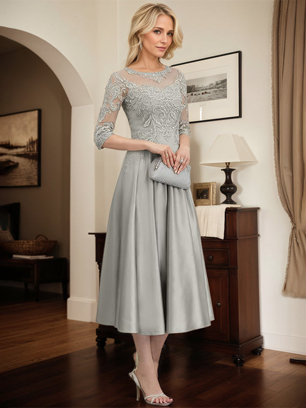 Silbernes A-Linien Illusions-Ausschnitt Teelanges Spitzen-Satin Kleid für die Brautmutter mit Perlen und Pailletten