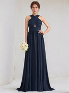 Dark Navy A-Line V-Neck Floor Length Chiffon Bridesmaid Dress With Ruffle