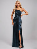 Dark Navy Satin A Line One Shoulder Floor Length Bridesmaid Dress With Ruffle