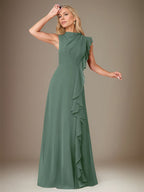 Eukalyptus A-Linien Chiffon Kleid mit hohem Kragen, ärmellos, bodenlang mit kaskadierenden Rüschen