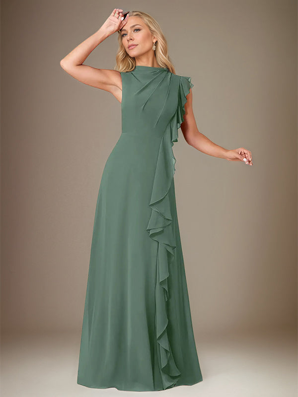 Eukalyptus A-Linien Chiffon Kleid mit hohem Kragen, ärmellos, bodenlang mit kaskadierenden Rüschen