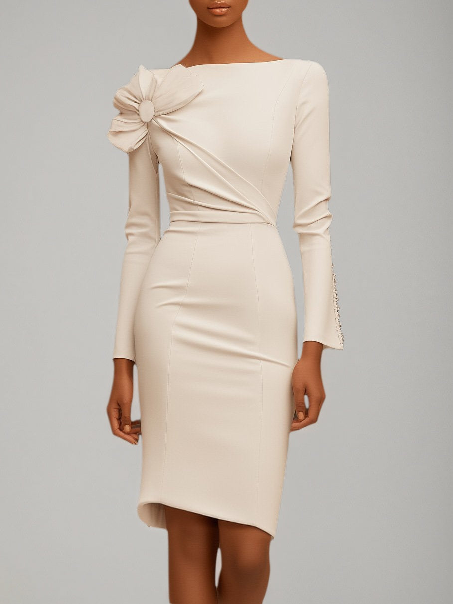 Vestido midi blanco ajustado con mangas largas y lazo