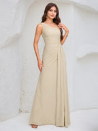 Ivory A Line Chiffon One Shoulder Sleeveless Floor Length Dress With High Slit