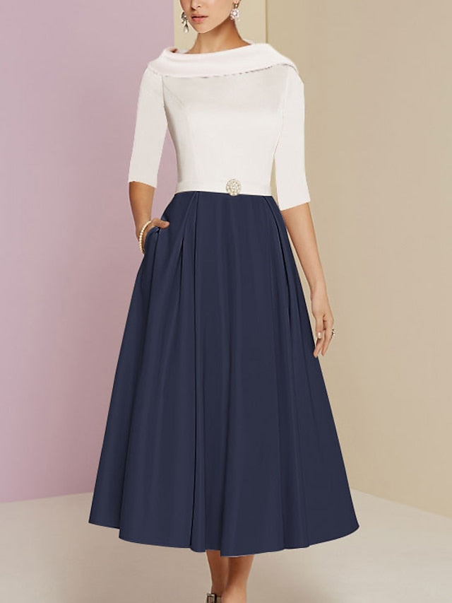 Robes mère de la mariée ligne A/princesse, col bijou, manches mi-longues, longueur thé, avec poches et plis