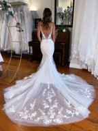 Sleeveless Deep V Mermaid Wedding Dress Lace Appliques Illusion Low V Back Sheer Train Bridal Gown