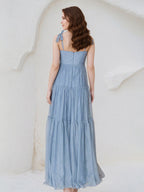 A Line Dusty Blue Chiffon Spaghetti Straps Sleeveless Floor Length Dress With Bows