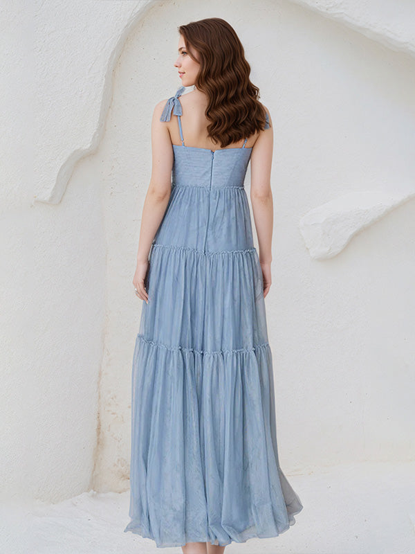 A Line Dusty Blue Chiffon Spaghetti Straps Sleeveless Floor Length Dress With Bows