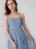 A Line Dusty Blue Chiffon Spaghetti Straps Sleeveless Floor Length Dress With Bows