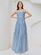 A Line Dusty Blue Chiffon Spaghetti Straps Sleeveless Floor Length Dress With Bows