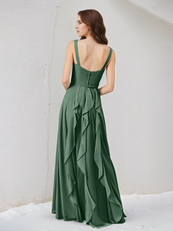 Abito lungo da damigella in chiffon eucalipto a linea A con scollo a V e senza maniche