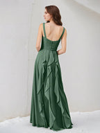 Abito lungo da damigella in chiffon eucalipto a linea A con scollo a V e senza maniche