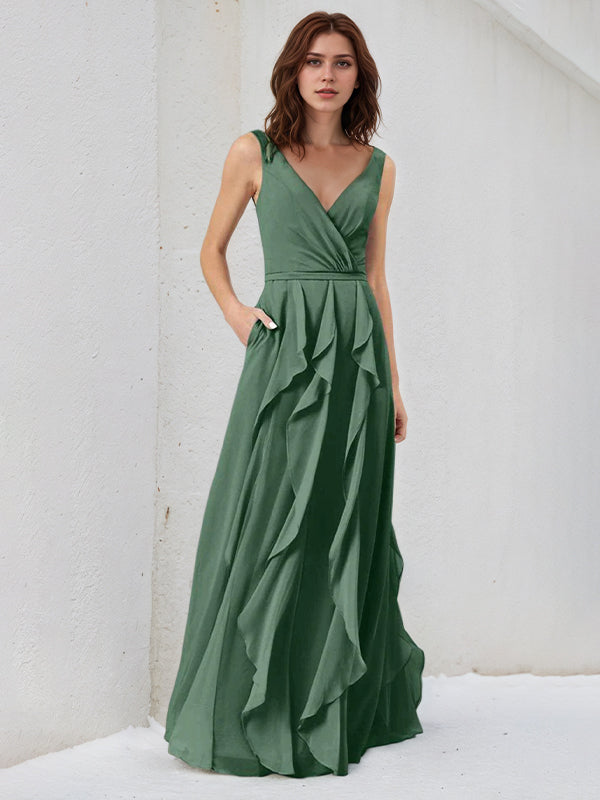 Abito lungo da damigella in chiffon eucalipto a linea A con scollo a V e senza maniche