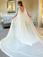 Deep V Satin Mermaid Sleeveless Wedding Dress With Flowy Chiffon Cape Train