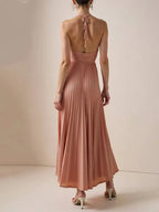 Hochzeitsgast Freizeitkleid Hellrosa Neckholder Falten Maxi Kleid