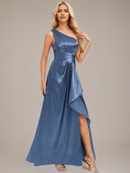 Slate Blue A-Line One Shoulder Floor-Length Satin Bridesmaid Dress With Ruffle