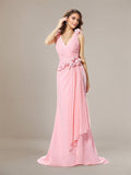 Pink Trumpet/Mermaid V-Neck Floor Length Chiffon Bridesmaid Dress With Hand-Made Flower
