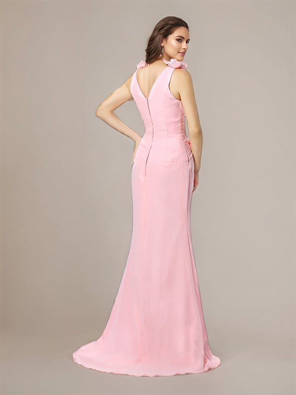 Pink Trumpet/Mermaid V-Neck Floor Length Chiffon Bridesmaid Dress With Hand-Made Flower