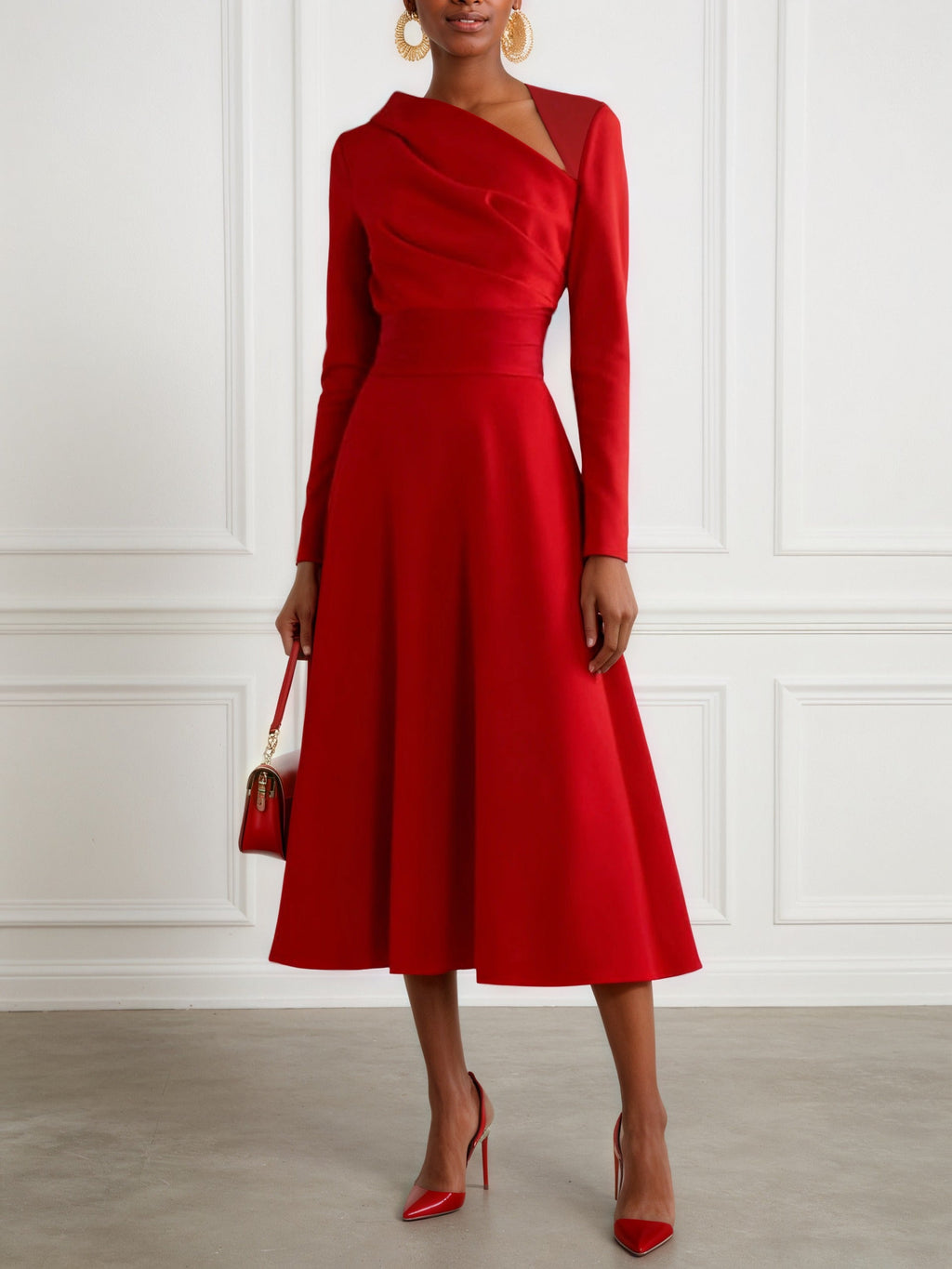 Robe midi classique rouge asymétrique à manches longues ligne A