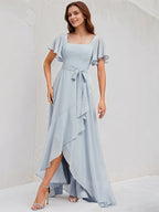 Ice Blue Chiffon A Line Square Neck Short Sleeves Asymmetrical Bridesmaid Dress