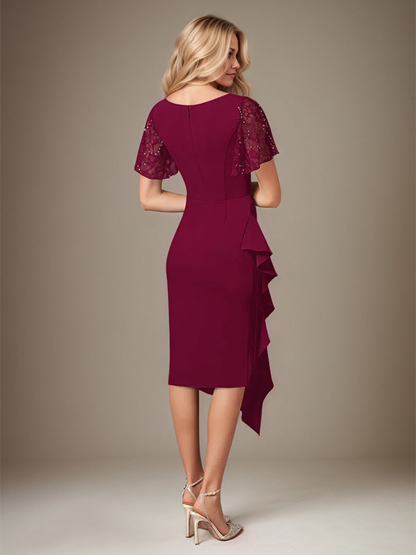 Bordeauxrotes Stretch-Crêpe Kleid mit V-Ausschnitt, kurzen Ärmeln, tea-length