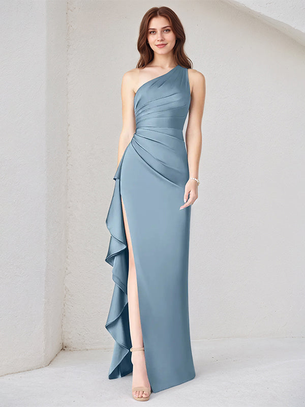 Stahlblaues Satin Ein-Schulter Ärmelloses asymmetrisches Kleid mit hohem Schlitz