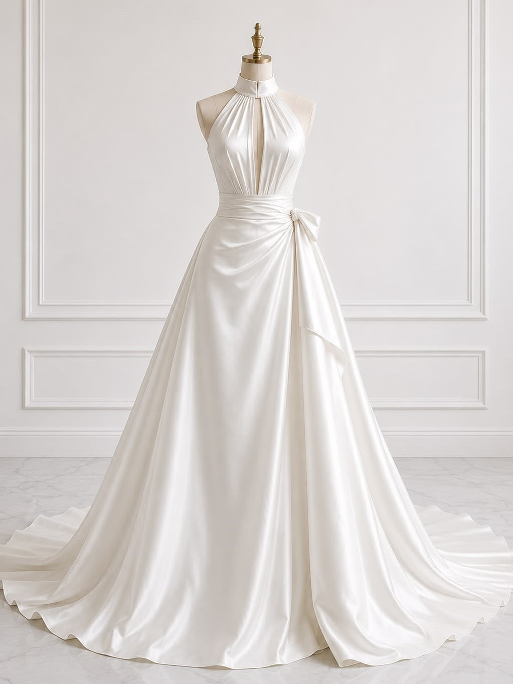 High Neck Halter Keyhole Pleated Satin A-Line Wedding Dress With Side Bow