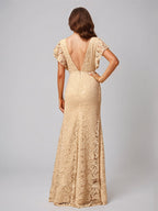 Champagne A-Line V-Neck Floor-Length Lace Bridesmaid Dress