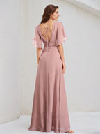 Abito da damigella lungo fino a terra in chiffon, linea a trapezio e scollo a V