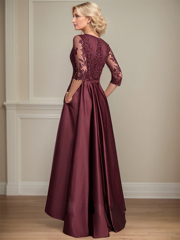 Vestido de mãe da noiva evasê com decote em V, assimétrico, em cetim e renda com lantejoulas