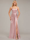 Dusty Rose Trumpet/Mermaid Spaghetti Straps Floor-Length Satin Bridesmaid Dress With Ruched