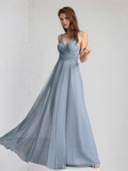 Dusty Blue A-Line V-Neck Floor-Length Lace Tulle Bridesmaid Dress