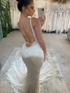 Glam Plunge V Neck Backless Beaded Lace Mermaid Wedding Gown With Oversized Train