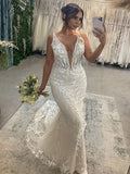Thin Strap Plunge V Full Botanical Lace Fitted Silhouette Wedding Dress