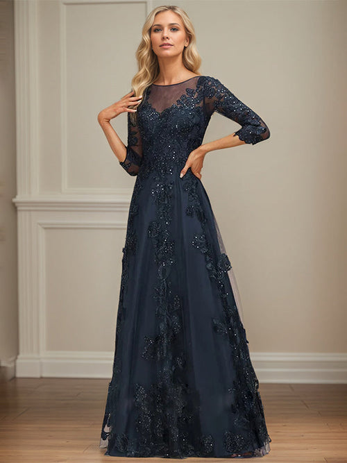 Robe mère de la mariée en tulle et dentelle longueur au sol en ligne A avec encolure illusion et sequins