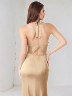 Champagner Satin Spaghetti-Träger ärmelloses bodenlanges Kleid mit hohem Schlitz