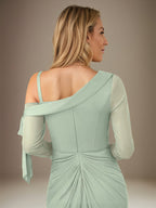 Salbeigrünes Etuikleid/Säulenkleid Chiffon Ein-Schulter Langarm Bodenlanges Kleid mit Schlitz