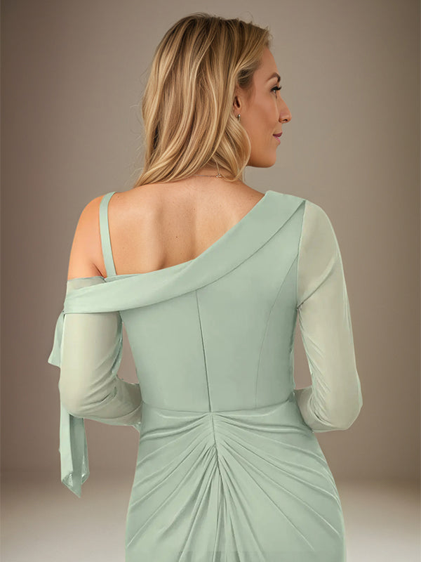 Salbeigrünes Etuikleid/Säulenkleid Chiffon Ein-Schulter Langarm Bodenlanges Kleid mit Schlitz