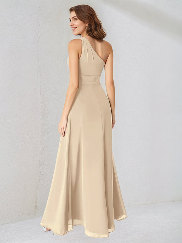 A Line Champagne Chiffon One Shoulder Sleeveless Floor Length Dress