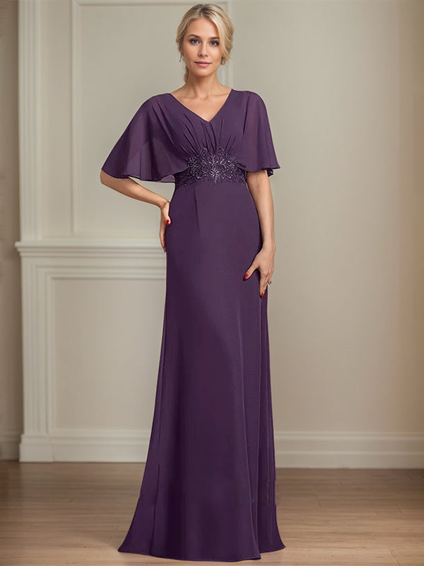 Vestido de madre de la novia largo de gasa en línea A con escote en V, apliques y plisados