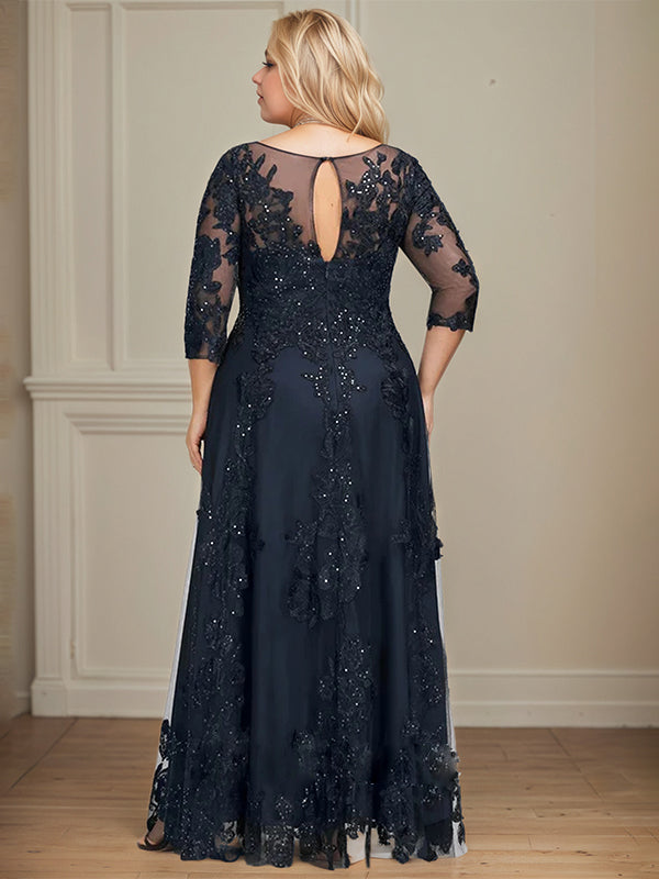 Vestido de madre de la novia de tul y encaje con ilusión en escote redondo, falda larga en línea A y lentejuelas