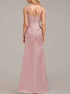 Dusty Rose Trumpet/Mermaid Spaghetti Straps Floor-Length Satin Bridesmaid Dress With Ruched