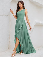 Mist Blue A Line Chiffon One Shoulder Sleeveless Asymmetrical Length Dress With Slit