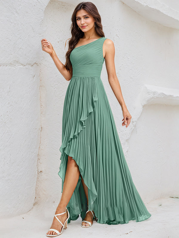 Mist Blue A Line Chiffon One Shoulder Sleeveless Asymmetrical Length Dress With Slit