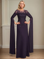 Abito lungo fino al pavimento da madre della sposa in chiffon e pizzo, modello a colonna con scollo a U e maniche a 1/2, decorato con paillettes