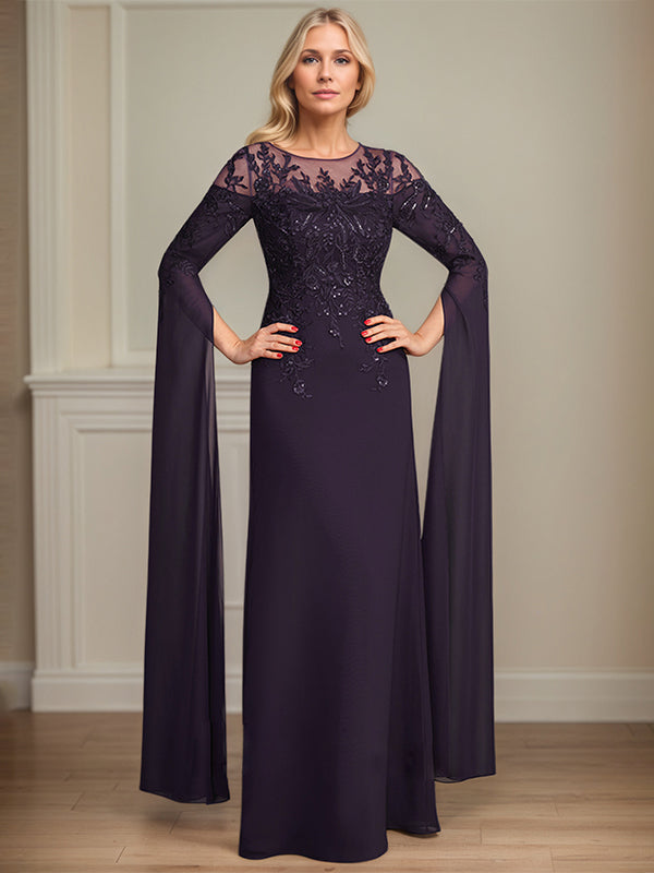 Abito lungo fino al pavimento da madre della sposa in chiffon e pizzo, modello a colonna con scollo a U e maniche a 1/2, decorato con paillettes